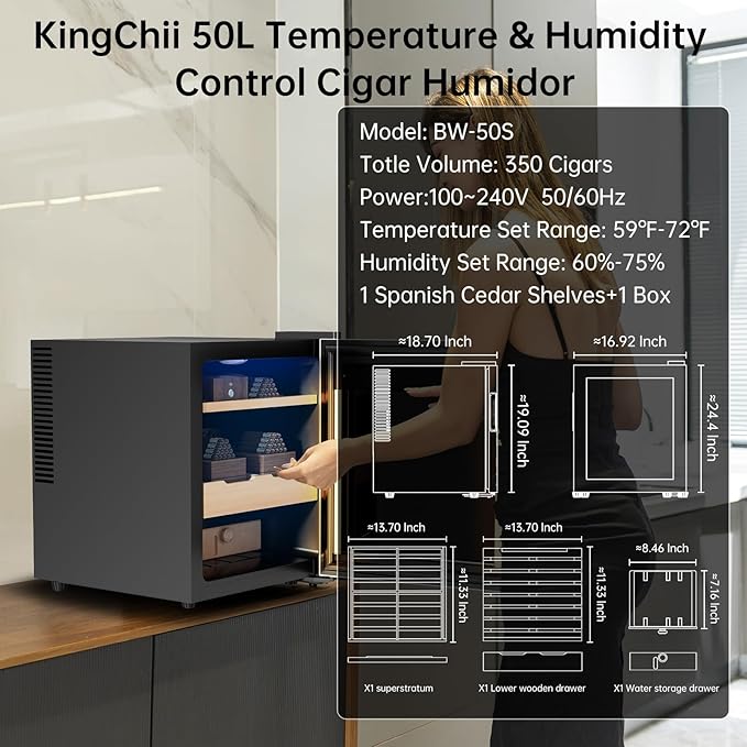 KingChii Upgrade 50L Temperature & Humidity Control Cabinet, Built-in Humidification System with Spanish Cedar Wood Shelves & Drawer Hygrometer Father's Day Gifts for Men - Image 6