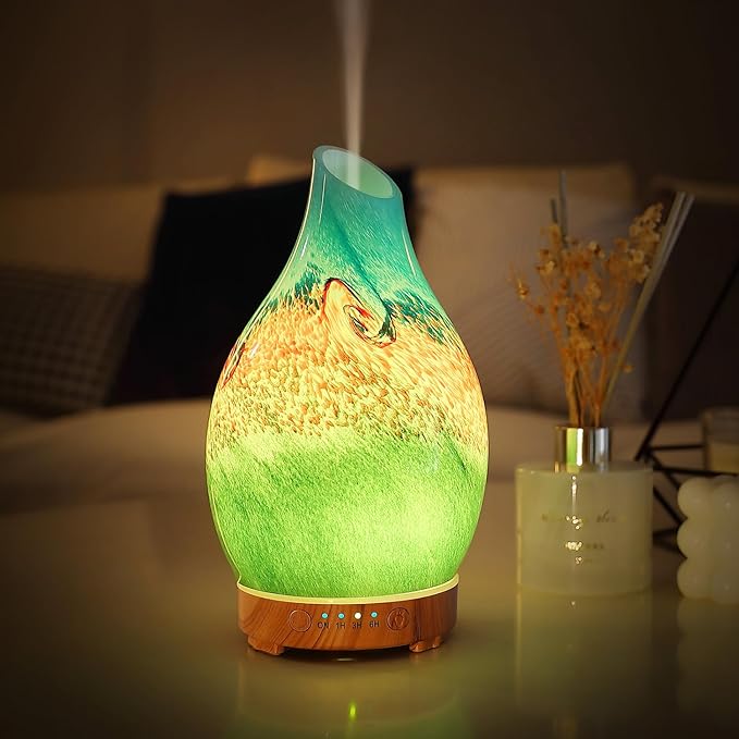 Vase Aroma Essential Oil Diffuser 160ml Art Glass Ultrasonic Cool Mist Scent Aroma Diffuser, Intermittent with Auto Shut-Off Timer Setting &7 Colors Night Light for Home-Ends of The Earth - Image 8