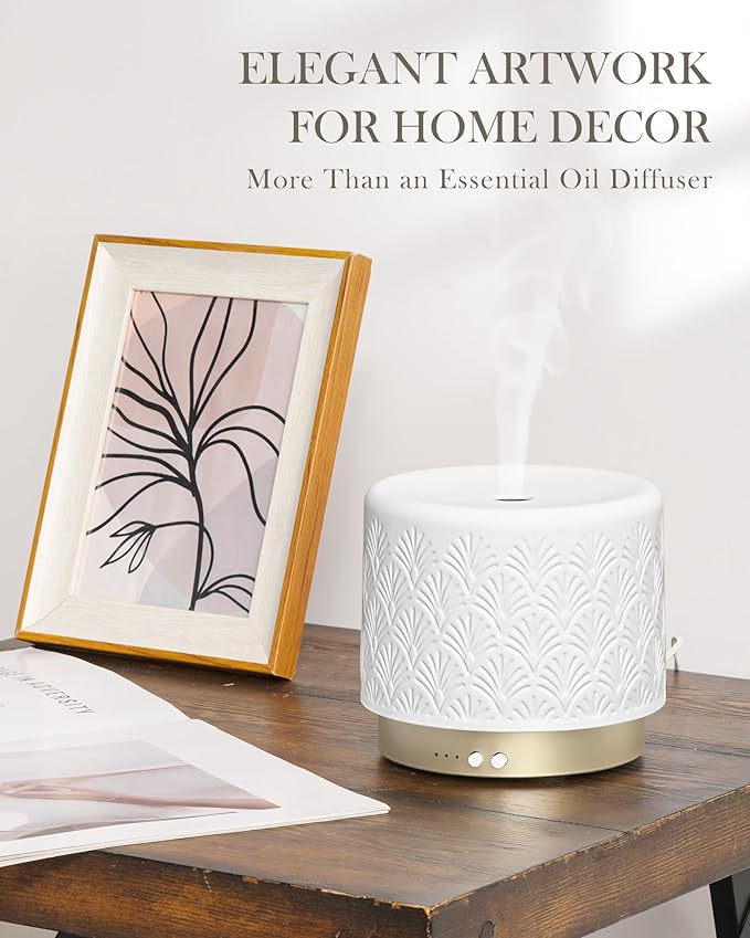 Ceramic Essential Oil Diffuser 280ml- Aromatherapy Diffuser with Ultrasonic Cool Mist Humidifier, Night Light, Timer, Auto Shut-Off, Large Room Aroma Diffuser for Home, Bedroom, Office, Yoga - Image 6