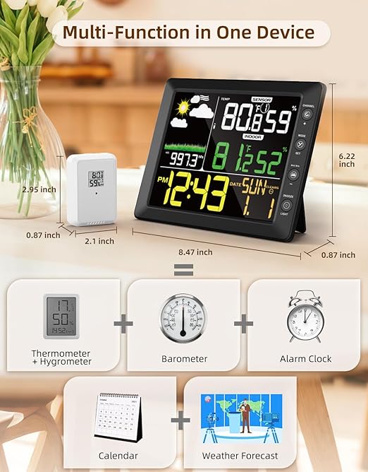 DOOMAY Indoor Outdoor Wireless Weather Station | Digital Thermometer Hygrometer Monitor with Barometric Pressure, Weather Forecast, Alarm Clock & Temp/Humidity Calibration - Image 2