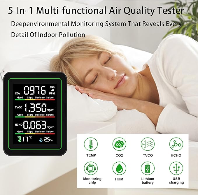 Professional Indoor Air Quality Monitor, 5 in 1 Portable Smartair Quality Tester for CO2 | TVOC | HCHO | Temp | Hum for Home, Cars, Hotel, Office, Plants and Pets ect - Image 2
