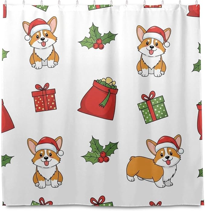 Christmas Corgi Dog White Shower Curtain Liner 72×72 inch for Bathroom Curtain Anti Mold Shower Curtain with Hooks Shower Accessories - Image 2