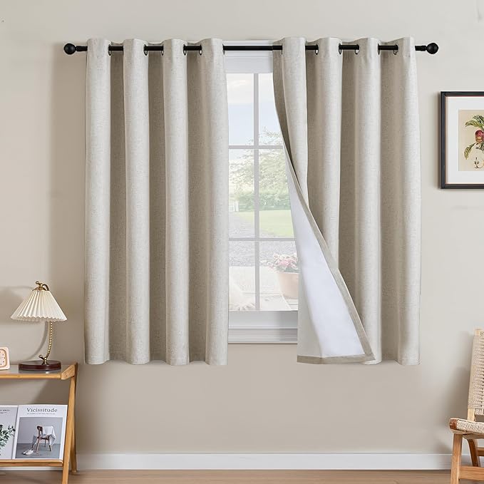 H.VERSAILTEX Linen Curtains 100% Blackout Curtains for Bedroom 54 inch Long Full Light Blocking Nature Linen Blended Window Curtains for Living Room Nickel Grommet (2 Panels, Heathered Linen) by HVERSAILTEX