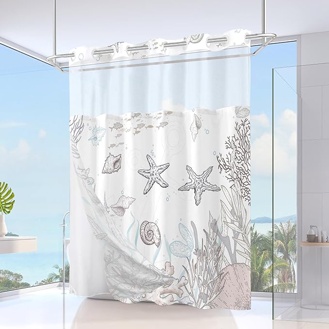 Extra Long No Hook Shower Curtain with Snap in Liner, Beach Ocean Nautical Coastal Shower Curtains and Liner Set for Bathroom, Seashell Fabric Bath Curtain, Waterproof Washable, Brown 71"x84" - Image 2