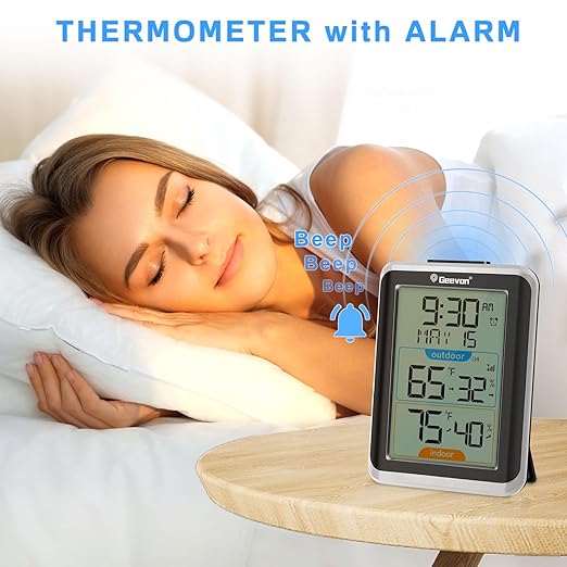 Geevon Wireless Indoor/Outdoor Thermometer & Hygrometer, Digital Temperature & Humidity Sensor with Time, Clock, 200ft/60m Range, 3.8‘’ Large Display - Image 4