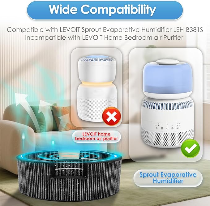 2 Pack Wick Filter Replacement for LEVOIT Sprout Evaporative Humidifier, 3.8L Baby Humidifier Filters, LEH-B381S-WUS, Highly Efficient Filtration of Water Impurities and Minerals, Compare LRW-B381-ANA - Image 2