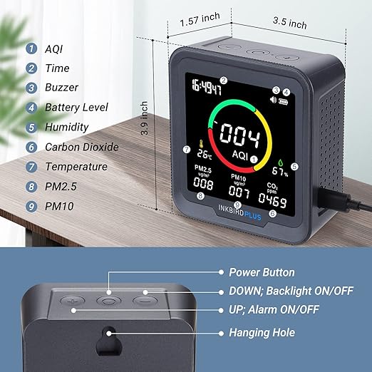 INKBIRDPLUS 6-in-1 Indoor Air Quality Monitor, Detects CO2, PM2.5, PM10, AQI, Temperature and Humidity with Alarm, for Rooms, Cellars, Grow Tents, Offices, etc. (PTH-9A) - Image 3