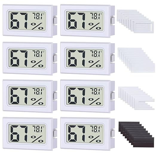 8-Pack Mini Digital Hygrometer Thermometer, Front-View Frame Adhesive for Mason Jar & Reptile Tank, Indoor Humidity Meter Gauge for Greenhouse, Garden, Cellar & Curing, 12-Month Battery by FN