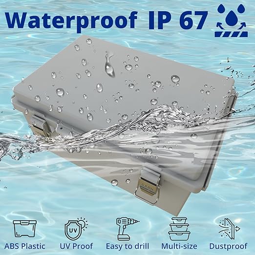 MAKERELE Gray Plastic Waterproof Electrical Box Outdoor,IP67 ABS with Hinged Cover,Weatherproof Mounting Plate,Wall Bracket,Stainless Steel Buckle and 1/2" NPT*2(11.4"×7.5"×5.5") - Image 3