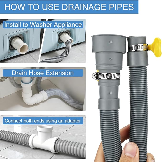 3.3ft Washing Machine Drain Hose Extension Kit, Universal 7PCS Set with Flexible Hose, 4 Clamps, 1 Adapter & U-Bracket for Washer, Dishwasher, Dehumidifier, Laundry Sink - Image 6