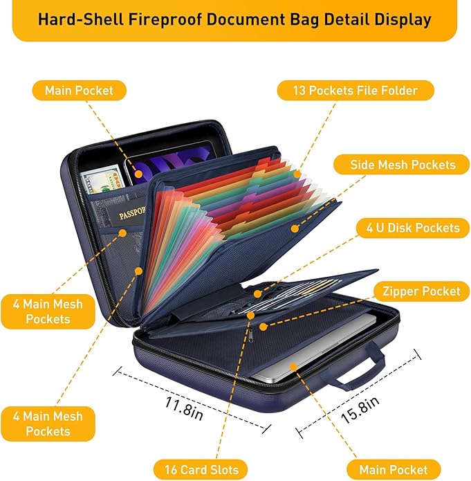 Fireproof Document Organizer Bag, 5200℉ File Organizer Safe Box, Hard Shell Document Bag with 13 Pocket Accordion File Folder - Image 3