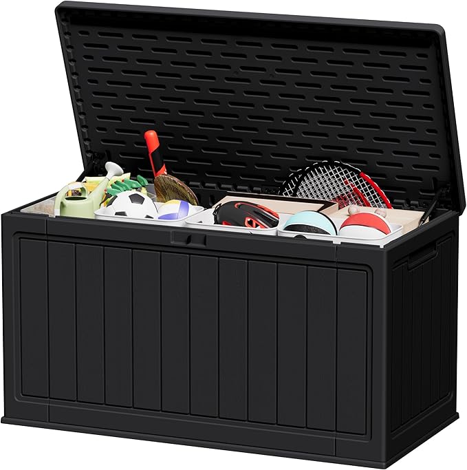JUMMICO 160 Gallon Resin Outdoor Storage Deck Box with Divider, Waterproof Storage Box&Bench with Lockable Lid for Garden Tools, Pools Supplies (Black) by JUMMICO