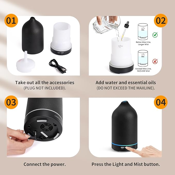 URPOWER 120ML Essential Oil Diffuser, Ultrasonic Aromatherapy Diffuser with Sleek Black Ceramic Design, 7-Color LED Lights, Auto Shut-Off, Humidifier for Home & Office, Scent Diffuser for Relaxation - Image 7