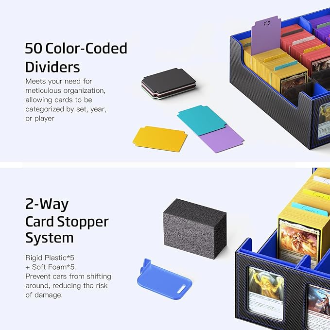 Trading Card Storage Box 5-Row 3900+ Capacity,TCG MTG Card Case with Magnetic Lid & Commander Display,Top Loader Storage for Sports Cards,Includes Dividers Dice Box（Black＆Blue） - Image 4