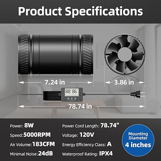4 Inch Inline Duct Fan with Humidity Sensor and Remote, Upgraded 6-speed control with Timer Humidity & Temperature, Low Noise HVAC Ventilation Fan in Basement Bathroom Workshop Attic - Image 7