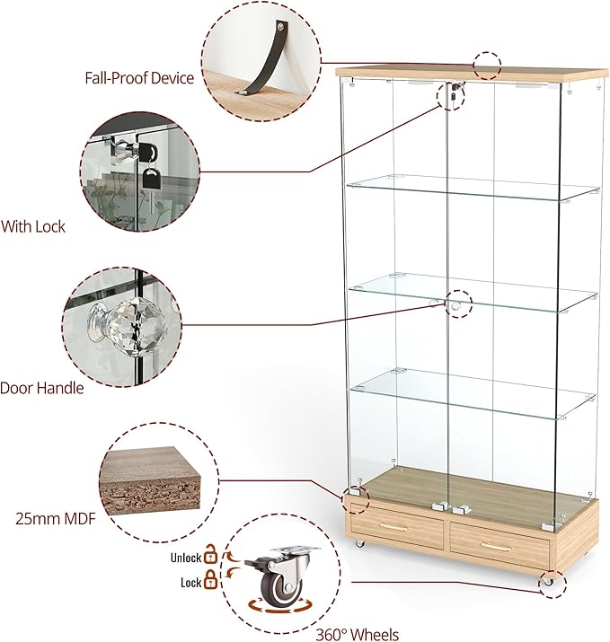 Yoluckea 4 Tier Glass Display Cabinet with LED Lighting and 2 Drawers, 2 Doors Floor Standing Curio Cabinet with Wheel for Home, Office,Corner Display,Natural Glass Bookshelf for Collections and Decor - Image 5