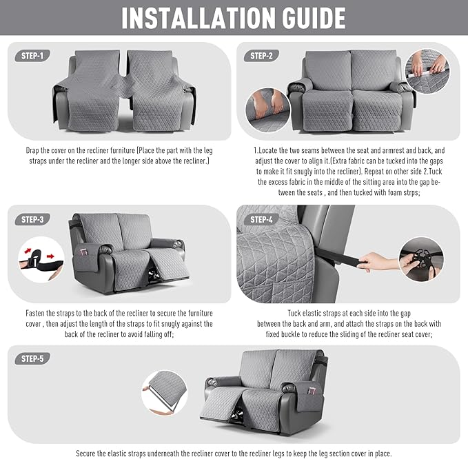 TAOCOCO 100% Waterproof Recliner Cover, Non-Slip Washable Reclining Couch Cover with Elastic Leg Straps, Furniture Protector for Dogs (Light Gray, 2 Seater) - Image 7