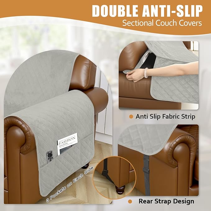 Arfntevss Waterproof Sectional Couch Covers L Shape Washable Velvet Sofa Cover for Sectional Non Slip Large Corner Slipcovers Dog 6 Pcs Universal U Shaped Furniture Protector (Light Gray, XX-Large) - Image 4