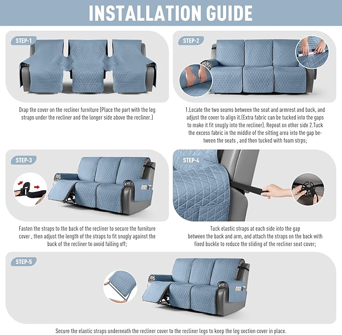 TAOCOCO 100% Waterproof Recliner Cover, Non-Slip Washable Reclining Couch Cover with Elastic Leg Straps, Furniture Protector for Dogs (Sky Blue, 3 Seater) - Image 7