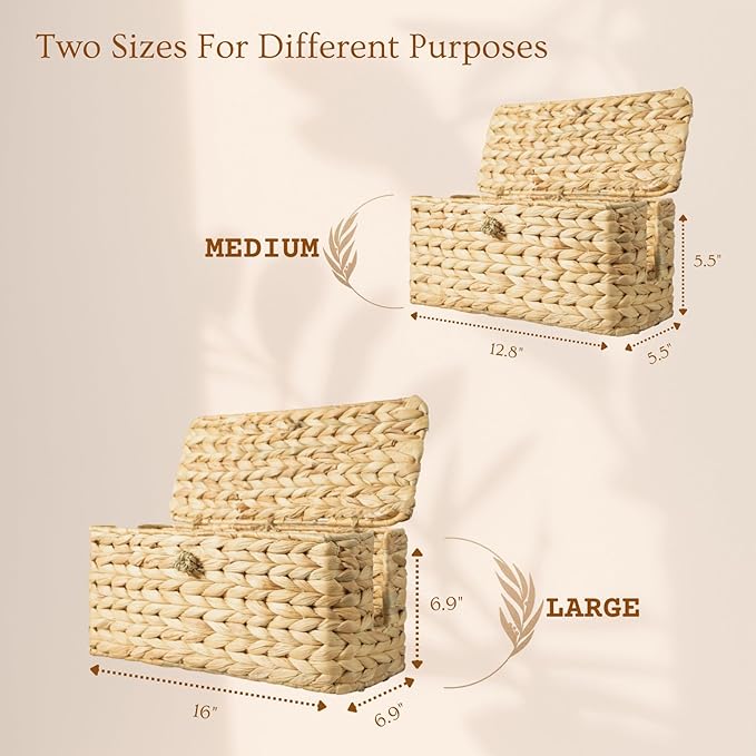 Wicker Cable Management Box with Lid, Set of 2 Handwoven Water Hyacinth Cords Hider Boxes for TV, Computer, Router, USB Hub to Hide Cords & Power Strip for Desk, Floor, Office - Image 2