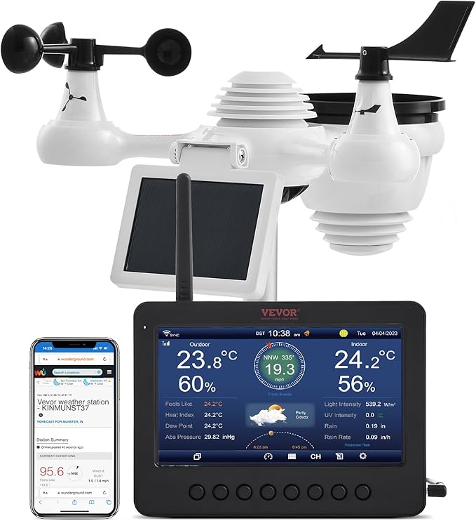 VEVOR 7-in-1 Wi-Fi Solar Self-Charging Weather Station with 7" TFT Color Display, Solar-Powered Outdoor Sensor, Indoor&Outdoor Monitoring for Temperature, Humidity, Wind Speed/Direction and Rainfall by VEVOR