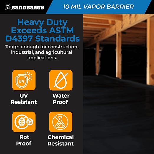Sandbaggy 20 ft x 100 ft Vapor Barrier 10 Mil | Polyethylene | Black Plastic Sheeting Rolls | Moisture Barrier for Crawl Spaces, Concrete and Laminate Underlayment, Walls (1 Roll) - Image 5