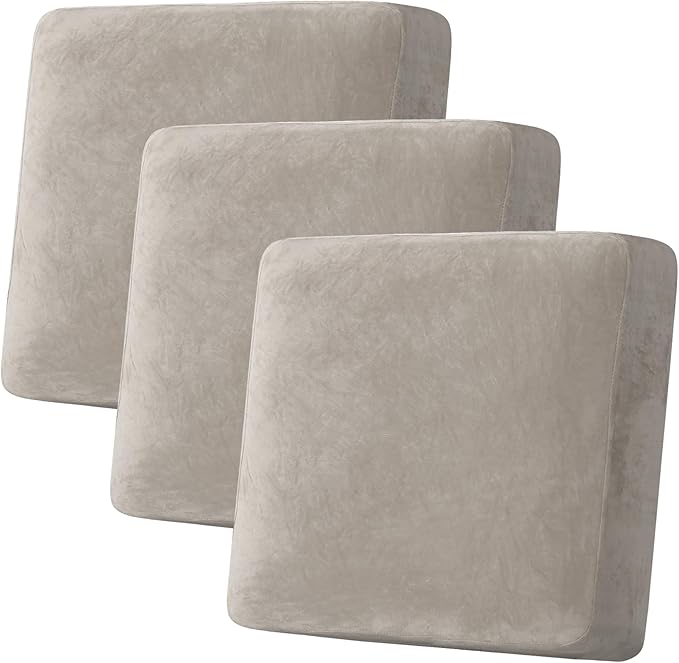 H.VERSAILTEX Velvet Stretch Couch Cushion Cover Plush Cushion Slipcover for Chair Loveseat Sofa Cushion Furniture Protector Seat Cushion Sofa Cover (3 Piece XL Sofa Cushion Covers, Oatmeal) by HVERSAILTEX