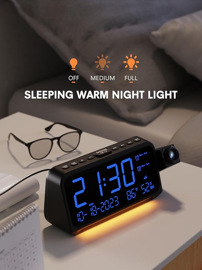 Mesqool Projection Alarm Clock for Bedroom Ceiling, Digital Clock Projector with Weekday/Weekend Mode, Date, Temperature, Humidity, Type-C USB Charger, Snooze, Dual Alarms, Dimmer,12/24H - Image 8