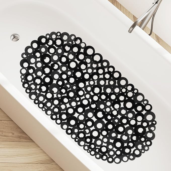 WELTRXE Oval Bathtub Mat Non Slip, Black Bubbles Bath Mats for Tub, Shower Mat with Drain Holes, Suction Cups, Machine Washable Bath Tub Mat, BPA, Latex, Phthalate Free for Bathroom, 27 x 14 Inch - Image 8