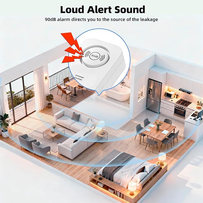 Water Leak Detector 5 Pack, 90dB Water Sensor Alarm for Home, Kitchen, Basement, Pipe and Faucet Leak Detection, Water Alarm with Extension Cable Sensor Probes(Cannot Connect to Wi-Fi Directly) - Image 6