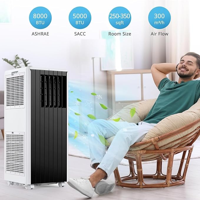 GarveeLife 8000 BTU Portable Air Conditioner - 3-in-1 AC with Dehumidifier & Cooling Fan - Fast Cooling, Remote, Window Kit - For Rooms Up to 350 Sq.Ft - Black and White, U.S. Regulations - Image 9