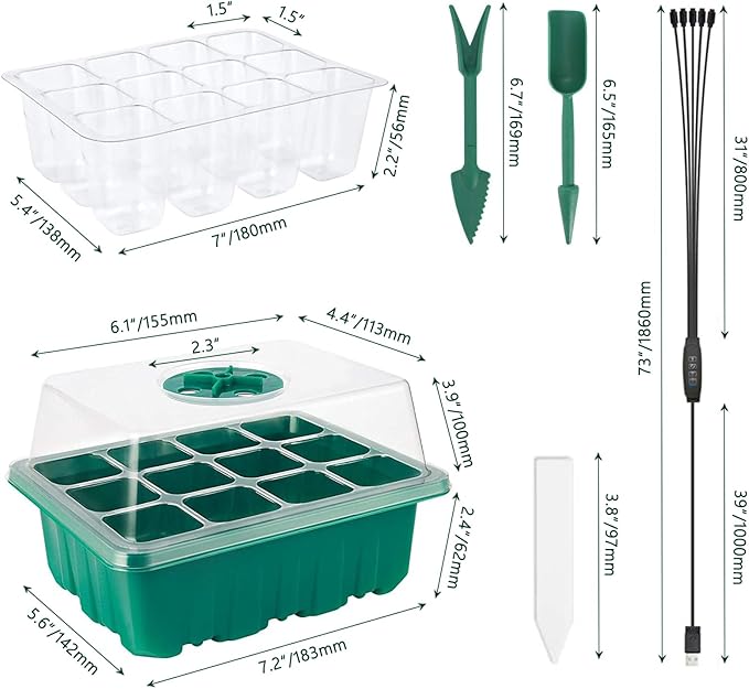 Seed Starter Tray 5 Packs Seedling Starter Trays with Grow Light 8 LEDs, Timer, Dimmable, Seed Starting Trays Kit with Humidity Dome (60 Cells) Indoor Gardening Plant Germination Tray - Image 6