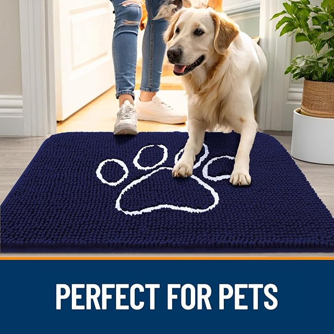 OLANLY Dog Door Mat for Muddy Paws 70x24, Paw Print Design, Absorbs Moisture and Dirt, Absorbent Non-Slip Washable Doormat, Quick Dry Chenille Mud Mat for Dogs, Entry Indoor Entryway Carpet, Navy Blue - Image 6