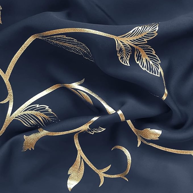 BUHUA Blackout Curtains Gold Foil Print Flower Vine Grommet Drapes, Room Darkening Thermal Insulated Curtains for Bedroom, Navy Blue, 52Wx45L, 2 Panels - Image 5