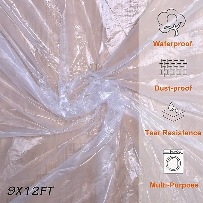 Plastic Drop Cloths for Painting, 10 Pcs 9x12ft Plastic Sheeting Tarp Waterproof Dustproof Almost Tear Resistance Multi-Purpose Furniture Cover Floor Wall Protection Film - Image 4