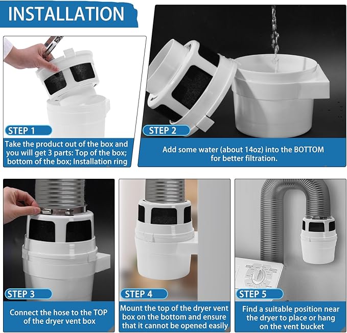 【Upgraded】 NOORNY 3 in 1 Indoor Dryer Vent Kit Lint Trap Bucket Dryer Vent for Apartment - with Double Layer 4-Inch by 5-Feet Gray Proflex Duct, for Electric Clothes Dryers - Image 5
