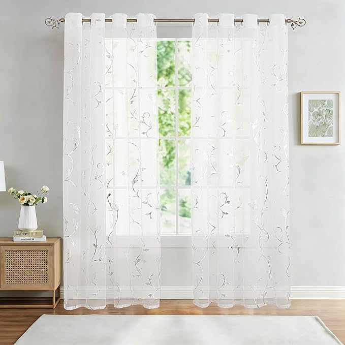 BUHUA White Sheer Curtains 63 Inch Length Semi - Sheer Curtains Printed Silver Foil Vine Pattern Grommet Window Curtains for Girls Bedroom, 55 x 63 Inch, 2 Panels - Image 2