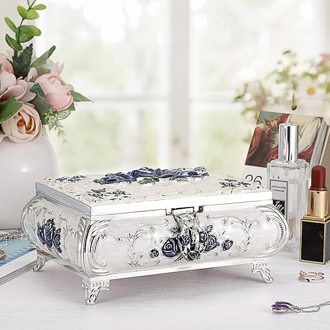 Hipiwe Metal Decorative Jewelry Box Vintage Treasure Chest Case Ornate Trinket Organizer Earrings Necklace Bracelet Storage Box Ring Holder Keepsake Box for Women - Image 5