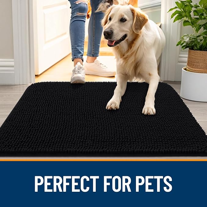 OLANLY Dog Door Mat for Muddy Paws 59x35, Absorbs Moisture and Dirt, Absorbent Non-Slip Washable Doormat, Quick Dry Chenille Mud Mat for Dogs, Entry Indoor Entryway Carpet for Inside Floor, Black - Image 6