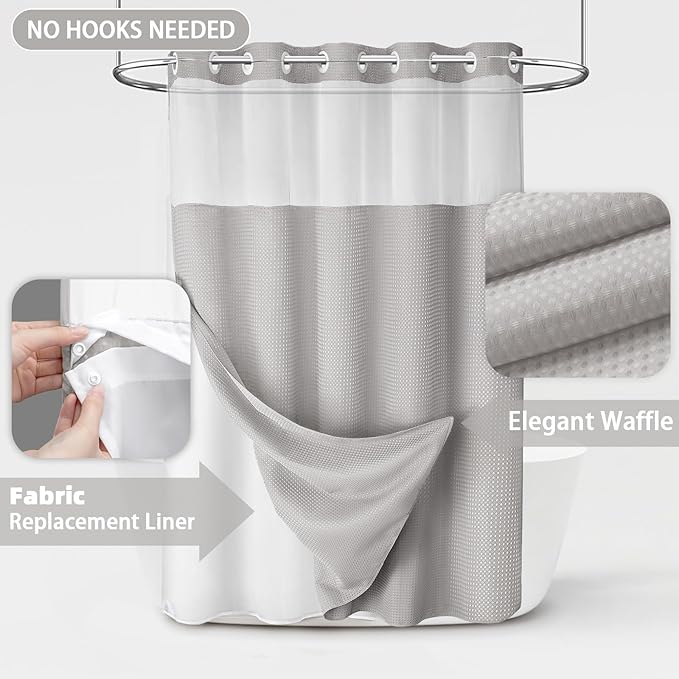 No Hook Shower Curtain and Liner Set,Light Grey Hotel Waffle Shower Curtain with Liner 75" L x 48" W - Image 3