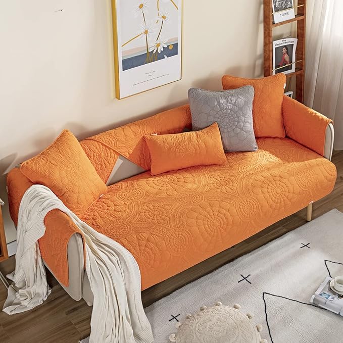 vctops Boho Circle Embroidery Couch Sofa Cover Solid Color Cotton Quilted Non-Slip Sectional Couch Covers Sofa Slipcover for Dogs, Children, Pets Furniture Protector (Orange,28"x28") - Image 3