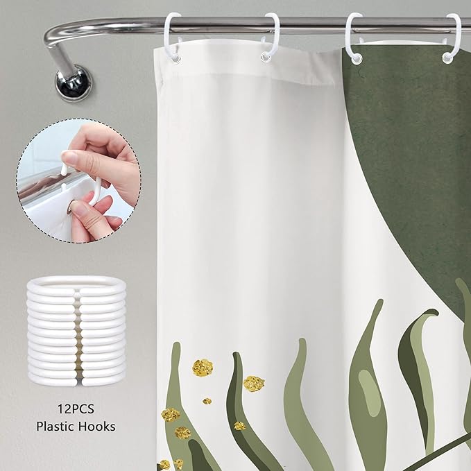 Pink Green Boho Shower Curtain 72Wx84H Extra Long Bohemian Mid Century Modern Abstract Sage Green Gold Leaves Plant Minimalist Bathroom Decor Arch Bath Curtain Fabric Polyester 12 Pack Hooks - Image 6