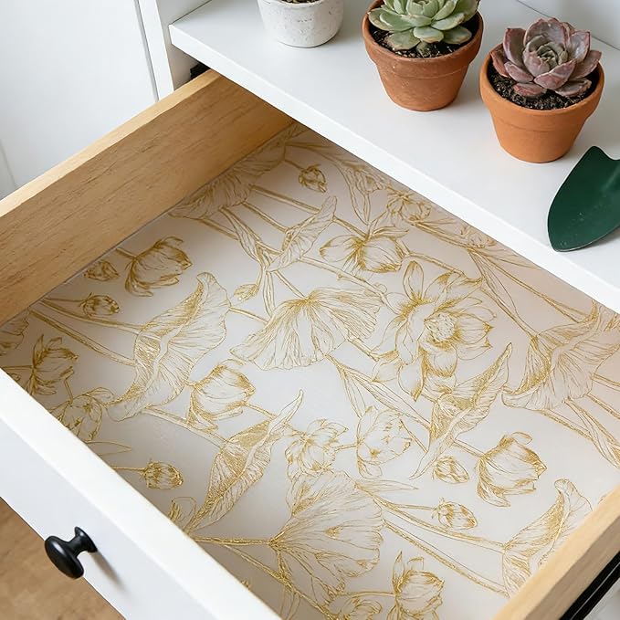 Shelf Liners Non Adhesive Light Base Gold Lotus Pattern - Thickened Non-Slip Easy to Clean Drawer Liner for Kitchen Cabinets, Tool Box, Refrigerator, with Knife & Tape Measure, 12in x 20FT - Image 6