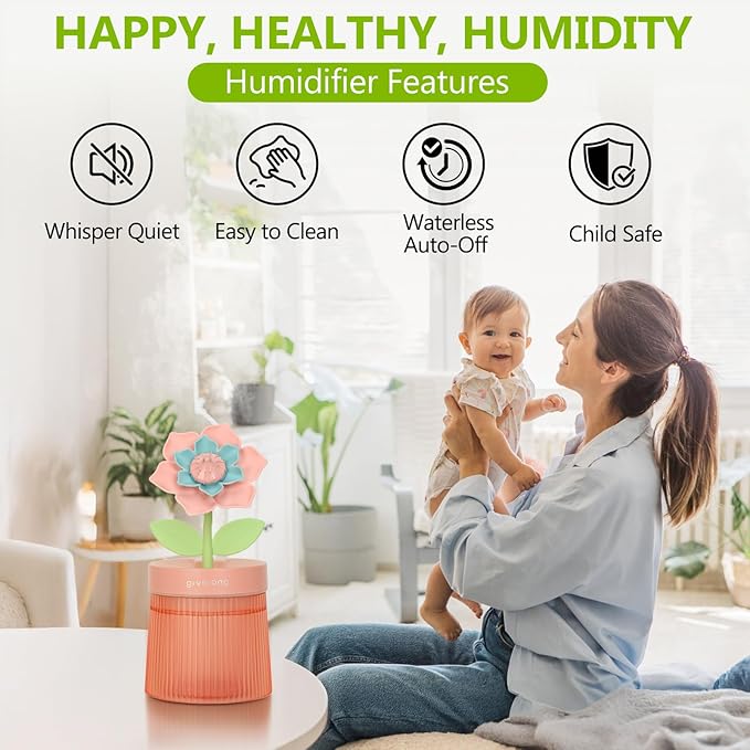 Cute Flower Mini Humidifier, Purple Gardenia Desktop Humidifiers for Bedroom, 260ml Portable Small Cool Mist Humidification, USB Powered, Auto Shut-Off, Perfect for Home, Office & Indoor Plants - Image 3