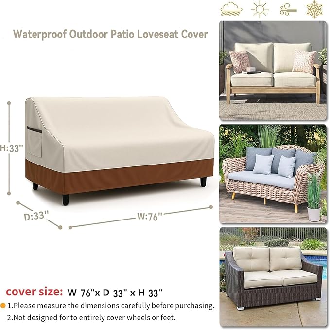 Waterproof Patio Loveseat Cover, 76W x 32.7D x 33H inches Heavy Duty 600D Weather-Resistant Outdoor Furniture Protector Beige and Brown - Image 2