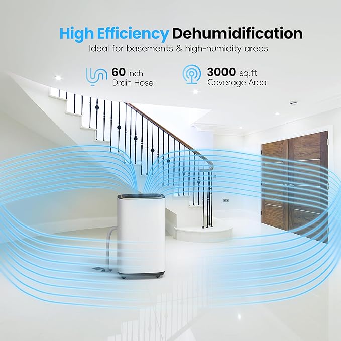 3000 Sq.Ft Dehumidifier, 30PT/24H Dehumidifiers with Drain Hose for Home, Large Compressor Dehumidifier for Basement/Laundry/Bedroom/Office, Dehu/Dry/Air Mode, Humidity Display/Timer/Child Lock - Image 2