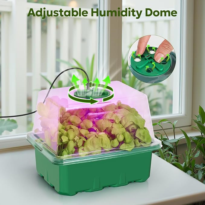 MIXC Seed Starter Kit with Grow Light, Elevated Seedling Tray Kit with Adjustable Humidity Dome and Clear Cell Tray, 12 Full Spectrum Led Beads for Seed Starting Greenhouse, 6 Pack, Green - Image 5