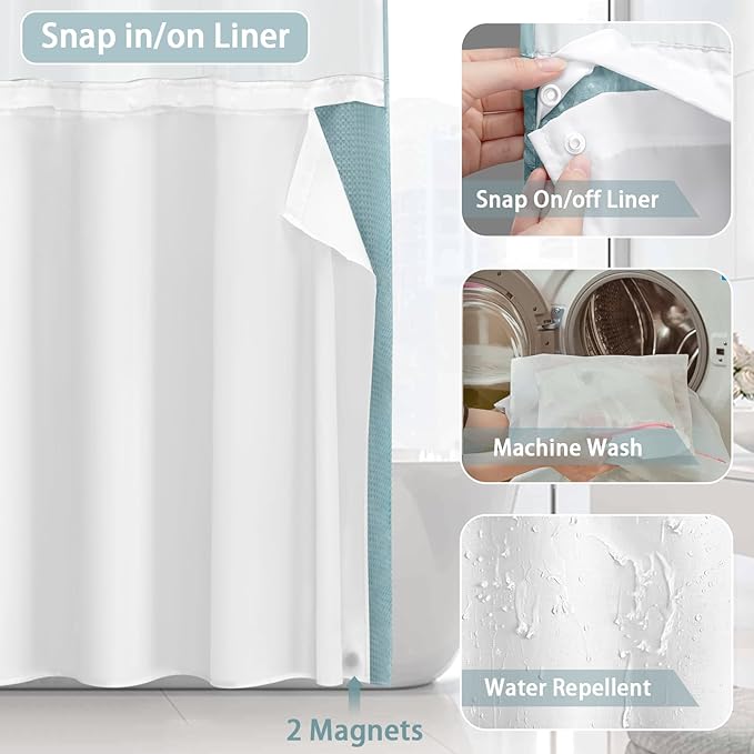 No Hook Shower Curtain and Liner Set,Cyan Hotel Waffle Shower Curtain with Liner 75" L x 72" W - Image 4