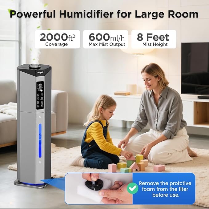 Humidifiers for Bedroom - GloryAir 2.38Gal/9L Dual Atomizers Top Fill Humidifier for Large Room 2000ft² with Auto Rotation 7-Color Light Humidistat Quiet Commercial Humidifiers for House Plants Baby - Image 3