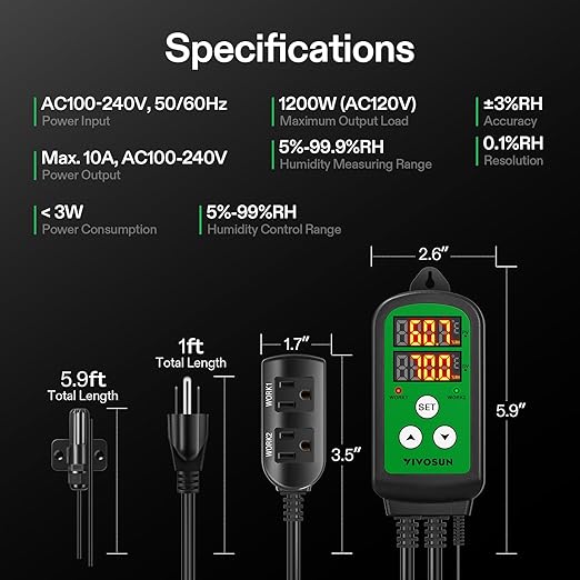 VIVOSUN Humidity Controller, 1200W Dual-Stage Outlet, Pre-Wired Digital Humidistat with Dual LED Displays for Humidifier/Dehumidifier/Fan, Ideal for Greenhouse, Grow Tent, Home-Brewing, Mushroom - Image 7